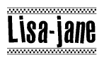 The image is a black and white clipart of the text Lisa-jane in a bold, italicized font. The text is bordered by a dotted line on the top and bottom, and there are checkered flags positioned at both ends of the text, usually associated with racing or finishing lines.