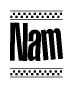 The image contains the text Nam in a bold, stylized font, with a checkered flag pattern bordering the top and bottom of the text.