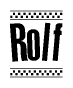 The image is a black and white clipart of the text Rolf in a bold, italicized font. The text is bordered by a dotted line on the top and bottom, and there are checkered flags positioned at both ends of the text, usually associated with racing or finishing lines.