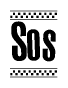 The image is a black and white clipart of the text Sos in a bold, italicized font. The text is bordered by a dotted line on the top and bottom, and there are checkered flags positioned at both ends of the text, usually associated with racing or finishing lines.