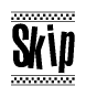 The image is a black and white clipart of the text Skip in a bold, italicized font. The text is bordered by a dotted line on the top and bottom, and there are checkered flags positioned at both ends of the text, usually associated with racing or finishing lines.