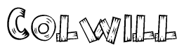 The image contains the name Colwill written in a decorative, stylized font with a hand-drawn appearance. The lines are made up of what appears to be planks of wood, which are nailed together