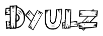 The image contains the name Dyulz written in a decorative, stylized font with a hand-drawn appearance. The lines are made up of what appears to be planks of wood, which are nailed together