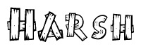 The image contains the name Harsh written in a decorative, stylized font with a hand-drawn appearance. The lines are made up of what appears to be planks of wood, which are nailed together