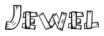 The image contains the name Jewel written in a decorative, stylized font with a hand-drawn appearance. The lines are made up of what appears to be planks of wood, which are nailed together