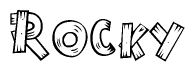 The image contains the name Rocky written in a decorative, stylized font with a hand-drawn appearance. The lines are made up of what appears to be planks of wood, which are nailed together