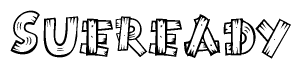The image contains the name Sueready written in a decorative, stylized font with a hand-drawn appearance. The lines are made up of what appears to be planks of wood, which are nailed together