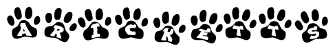 The image shows a series of animal paw prints arranged in a horizontal line. Each paw print contains a letter, and together they spell out the word Aricketts.