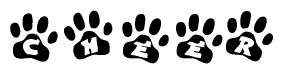 The image shows a series of animal paw prints arranged in a horizontal line. Each paw print contains a letter, and together they spell out the word Cheer.