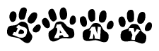 The image shows a series of animal paw prints arranged in a horizontal line. Each paw print contains a letter, and together they spell out the word Dany.