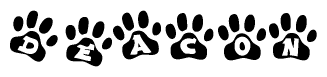 The image shows a series of animal paw prints arranged horizontally. Within each paw print, there's a letter; together they spell Deacon