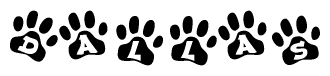 The image shows a series of animal paw prints arranged in a horizontal line. Each paw print contains a letter, and together they spell out the word Dallas.