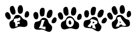 The image shows a series of animal paw prints arranged horizontally. Within each paw print, there's a letter; together they spell Flora