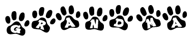 The image shows a series of animal paw prints arranged horizontally. Within each paw print, there's a letter; together they spell Grandma