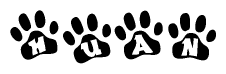 The image shows a series of animal paw prints arranged in a horizontal line. Each paw print contains a letter, and together they spell out the word Huan.