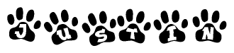 The image shows a series of animal paw prints arranged in a horizontal line. Each paw print contains a letter, and together they spell out the word Justin.