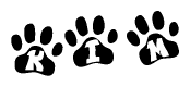 The image shows a row of animal paw prints, each containing a letter. The letters spell out the word Kim within the paw prints.