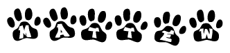 The image shows a series of animal paw prints arranged horizontally. Within each paw print, there's a letter; together they spell Mattew