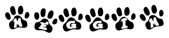 The image shows a series of animal paw prints arranged horizontally. Within each paw print, there's a letter; together they spell Meggim