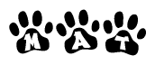 The image shows a series of animal paw prints arranged horizontally. Within each paw print, there's a letter; together they spell Mat