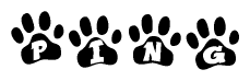 The image shows a row of animal paw prints, each containing a letter. The letters spell out the word Ping within the paw prints.