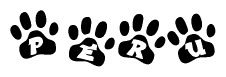 The image shows a series of animal paw prints arranged in a horizontal line. Each paw print contains a letter, and together they spell out the word Peru.