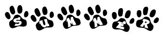 The image shows a series of animal paw prints arranged horizontally. Within each paw print, there's a letter; together they spell Summer