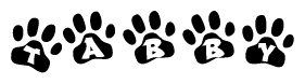 The image shows a row of animal paw prints, each containing a letter. The letters spell out the word Tabby within the paw prints.
