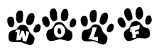 The image shows a row of animal paw prints, each containing a letter. The letters spell out the word Wolf within the paw prints.