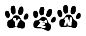 The image shows a series of animal paw prints arranged horizontally. Within each paw print, there's a letter; together they spell Yen