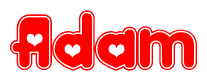 The image is a red and white graphic with the word Adam written in a decorative script. Each letter in  is contained within its own outlined bubble-like shape. Inside each letter, there is a white heart symbol.