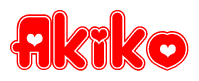 The image is a red and white graphic with the word Akiko written in a decorative script. Each letter in  is contained within its own outlined bubble-like shape. Inside each letter, there is a white heart symbol.