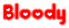 The image is a red and white graphic with the word Bloody written in a decorative script. Each letter in  is contained within its own outlined bubble-like shape. Inside each letter, there is a white heart symbol.