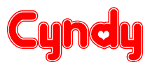 The image is a red and white graphic with the word Cyndy written in a decorative script. Each letter in  is contained within its own outlined bubble-like shape. Inside each letter, there is a white heart symbol.