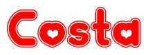 The image is a red and white graphic with the word Costa written in a decorative script. Each letter in  is contained within its own outlined bubble-like shape. Inside each letter, there is a white heart symbol.