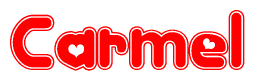 The image is a red and white graphic with the word Carmel written in a decorative script. Each letter in  is contained within its own outlined bubble-like shape. Inside each letter, there is a white heart symbol.