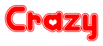 The image is a red and white graphic with the word Crazy written in a decorative script. Each letter in  is contained within its own outlined bubble-like shape. Inside each letter, there is a white heart symbol.