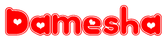 The image displays the word Damesha written in a stylized red font with hearts inside the letters.