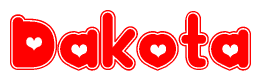 The image displays the word Dakota written in a stylized red font with hearts inside the letters.