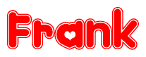 The image is a red and white graphic with the word Frank written in a decorative script. Each letter in  is contained within its own outlined bubble-like shape. Inside each letter, there is a white heart symbol.