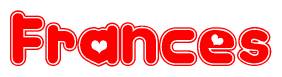 The image is a red and white graphic with the word Frances written in a decorative script. Each letter in  is contained within its own outlined bubble-like shape. Inside each letter, there is a white heart symbol.