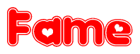 The image is a red and white graphic with the word Fame written in a decorative script. Each letter in  is contained within its own outlined bubble-like shape. Inside each letter, there is a white heart symbol.