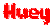 The image displays the word Huey written in a stylized red font with hearts inside the letters.