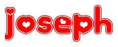 The image is a red and white graphic with the word Joseph written in a decorative script. Each letter in  is contained within its own outlined bubble-like shape. Inside each letter, there is a white heart symbol.