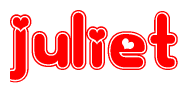 The image is a clipart featuring the word Juliet written in a stylized font with a heart shape replacing inserted into the center of each letter. The color scheme of the text and hearts is red with a light outline.