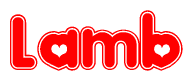 The image is a red and white graphic with the word Lamb written in a decorative script. Each letter in  is contained within its own outlined bubble-like shape. Inside each letter, there is a white heart symbol.
