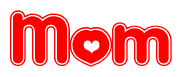 The image is a red and white graphic with the word Mom written in a decorative script. Each letter in  is contained within its own outlined bubble-like shape. Inside each letter, there is a white heart symbol.