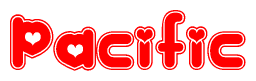 The image is a clipart featuring the word Pacific written in a stylized font with a heart shape replacing inserted into the center of each letter. The color scheme of the text and hearts is red with a light outline.
