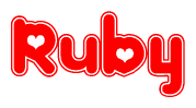 The image is a red and white graphic with the word Ruby written in a decorative script. Each letter in  is contained within its own outlined bubble-like shape. Inside each letter, there is a white heart symbol.