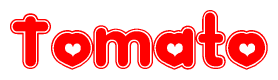 The image is a clipart featuring the word Tomato written in a stylized font with a heart shape replacing inserted into the center of each letter. The color scheme of the text and hearts is red with a light outline.